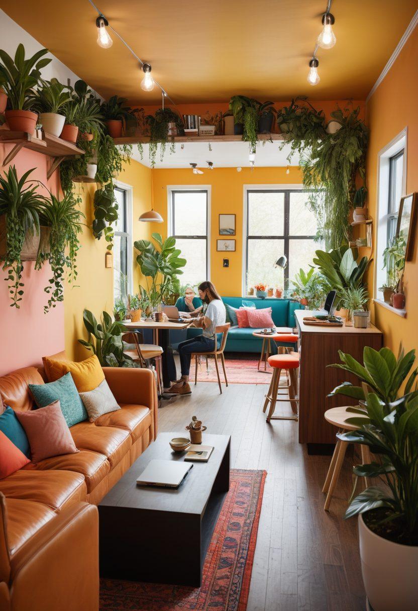 A cozy, modern shared living space featuring diverse individuals engaging in activities together, such as cooking, working, and relaxing. Include elements of vibrant decor, plants, and communal furniture that promote social interaction. Highlight the concept of room swapping with luggage and keys subtly placed around. Use warm, inviting lighting to create a welcoming atmosphere. digital illustration. vibrant colors. 3D.