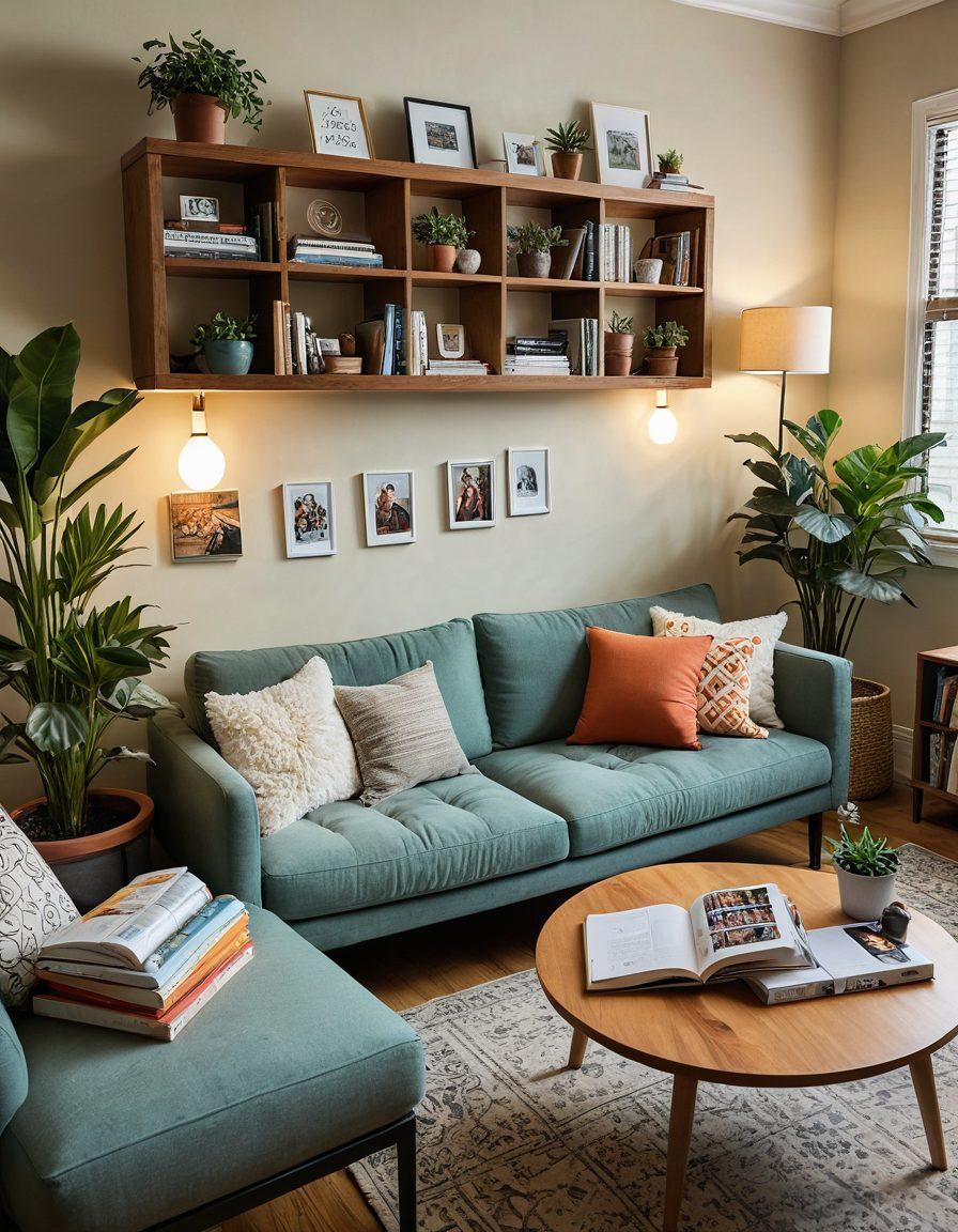 A cozy, inviting living room scene showcasing diverse roommates happily interacting, sharing food, and personal belongings, with hints of their unique personalities reflected in the decor. Include potted plants, a communal bookshelf, and an open laptop with a roommate search website displayed. Warm lighting casts a welcoming glow to emphasize connection and community. super-realistic. vibrant colors. inviting atmosphere.