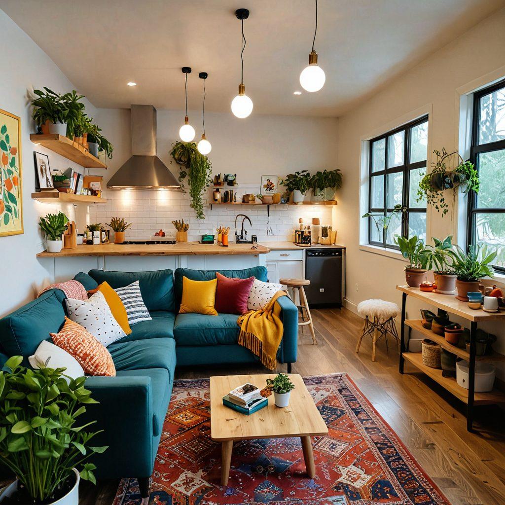 A cozy, bright living space shared by diverse individuals, showcasing various tools and gadgets symbolizing collaboration and shared living. Include a communal kitchen area with friends cooking together, a game corner with board games, and vibrant plants adding life to the environment. Emphasize a warm and inviting atmosphere with soft lighting. cartoonish style. vibrant colors. cozy ambiance.